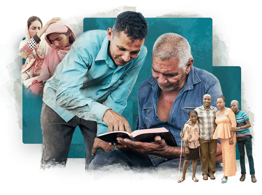 Christians from around the world reading the Bible, praying, and standing together